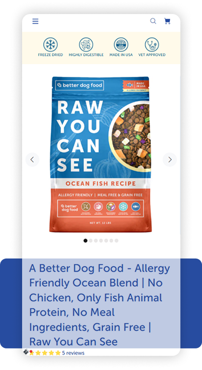 abettertreat.com mobile product page showing above-the-fold headline and allergy-friendly fish protein benefit messaging
