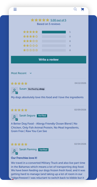 abettertreat.com customer review section displaying 5.0-star rating summary and verified buyer testimonials