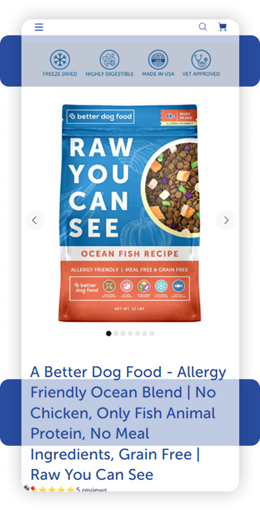 abettertreat.com mobile product page highlighting vet-approved, freeze-dried safety badges and clean formulation callouts
