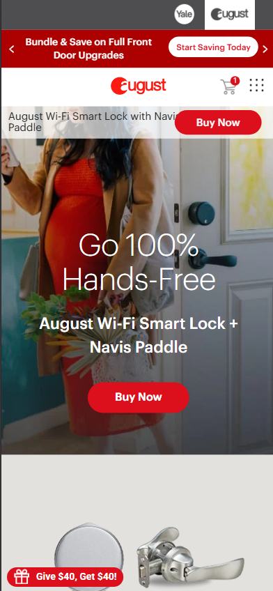 August Wi-Fi Smart Lock mobile product detail page showing hero headline Go 100% Hands-Free, truncated header text, and hidden price